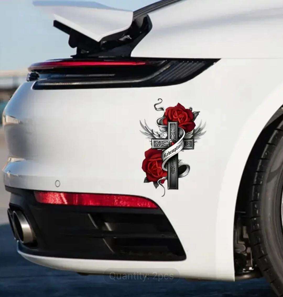 Redemption Cross & Angle Wing's  Vinyl Decal Sticker with Roses "Waterproof" 19,5cm x 15cm New