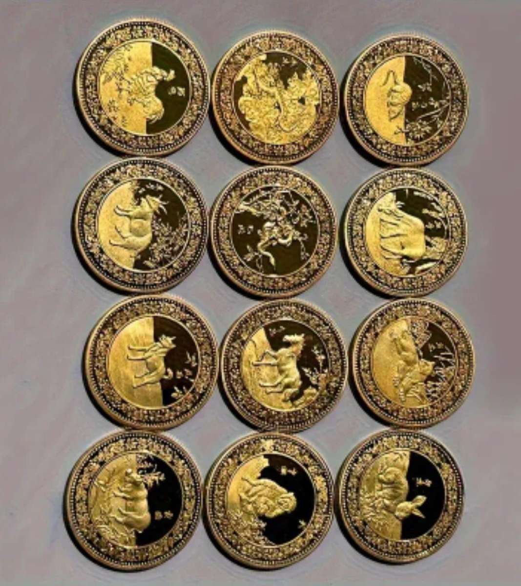 12 Zodiac Gold Plated Commemorative Coin Set.-12 Unique Animal Designs. "30 mm ×12-Coins"