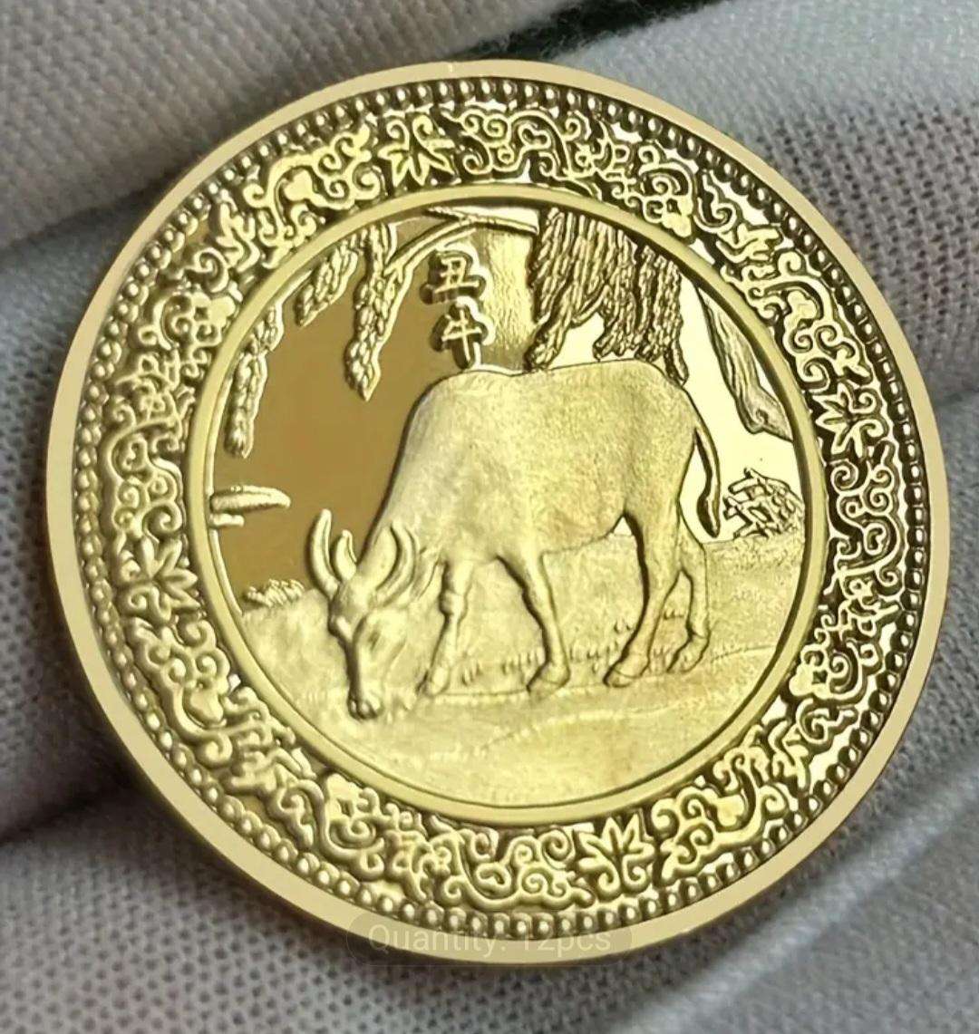 12 Zodiac Gold Plated Commemorative Coin Set.-12 Unique Animal Designs. "30 mm ×12-Coins"