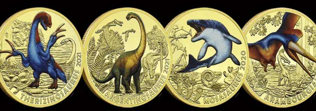 12 Jurassic Dinosaurs Age-Animals Gold Plated Commemorative Coin Set. 12 Unique Vintage Designs New