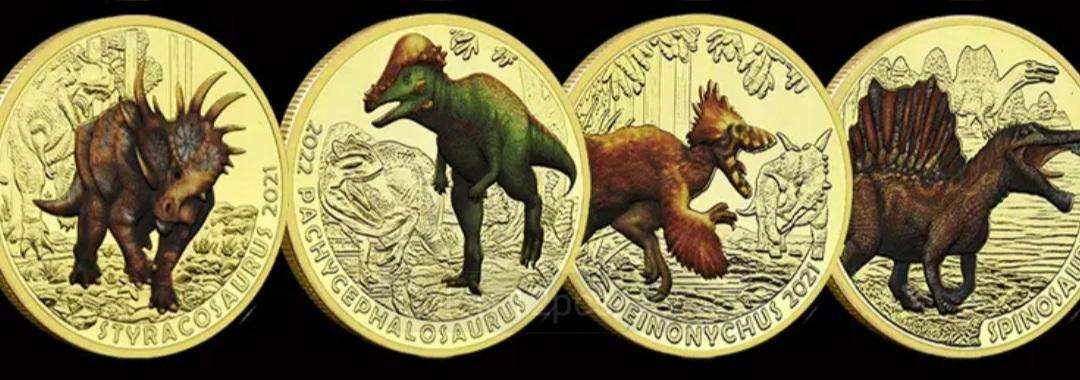 12 Jurassic Dinosaurs Age-Animals Gold Plated Commemorative Coin Set. 12 Unique Vintage Designs New