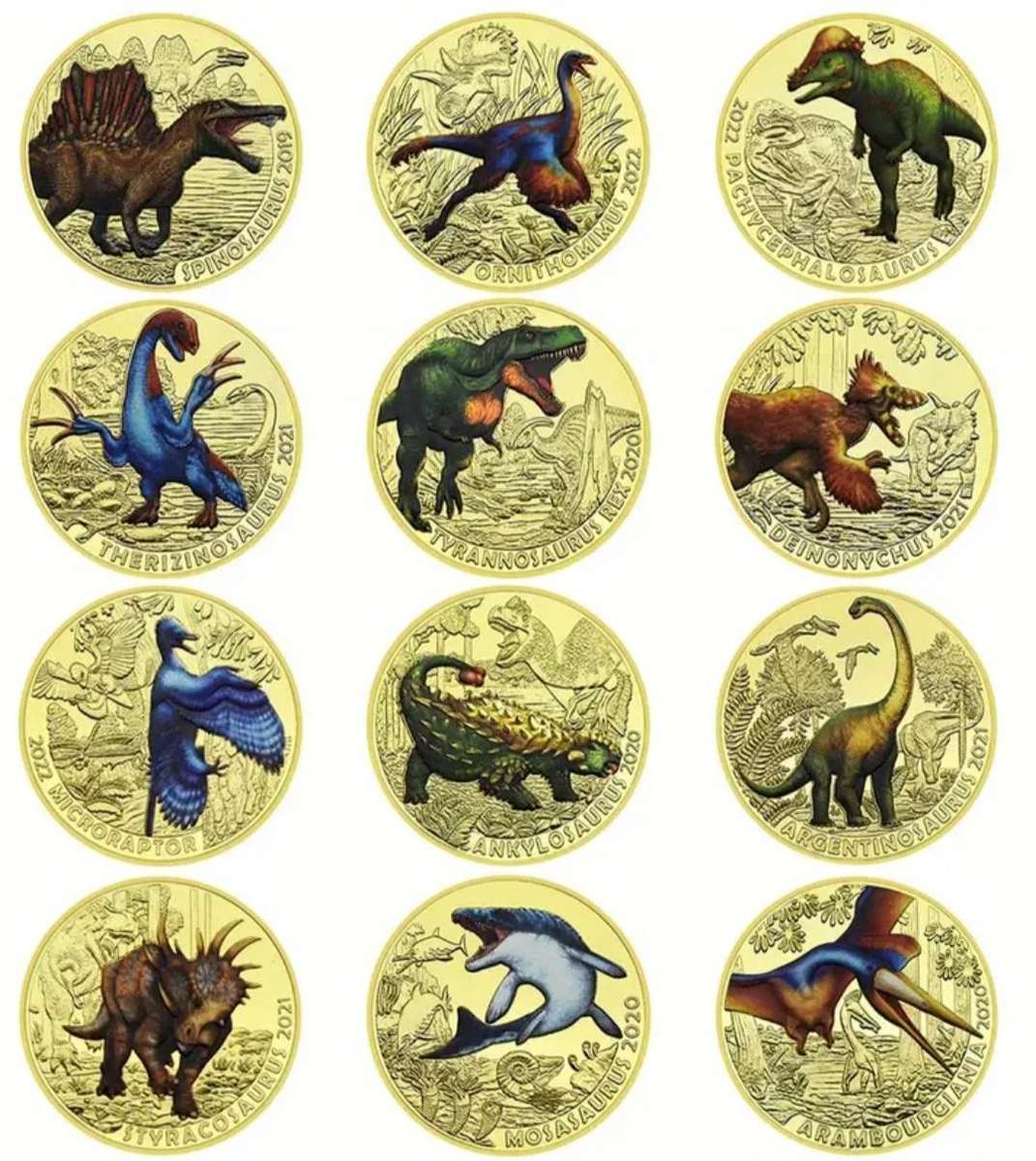 12 Jurassic Dinosaurs Age-Animals Gold Plated Commemorative Coin Set. 12 Unique Vintage Designs New