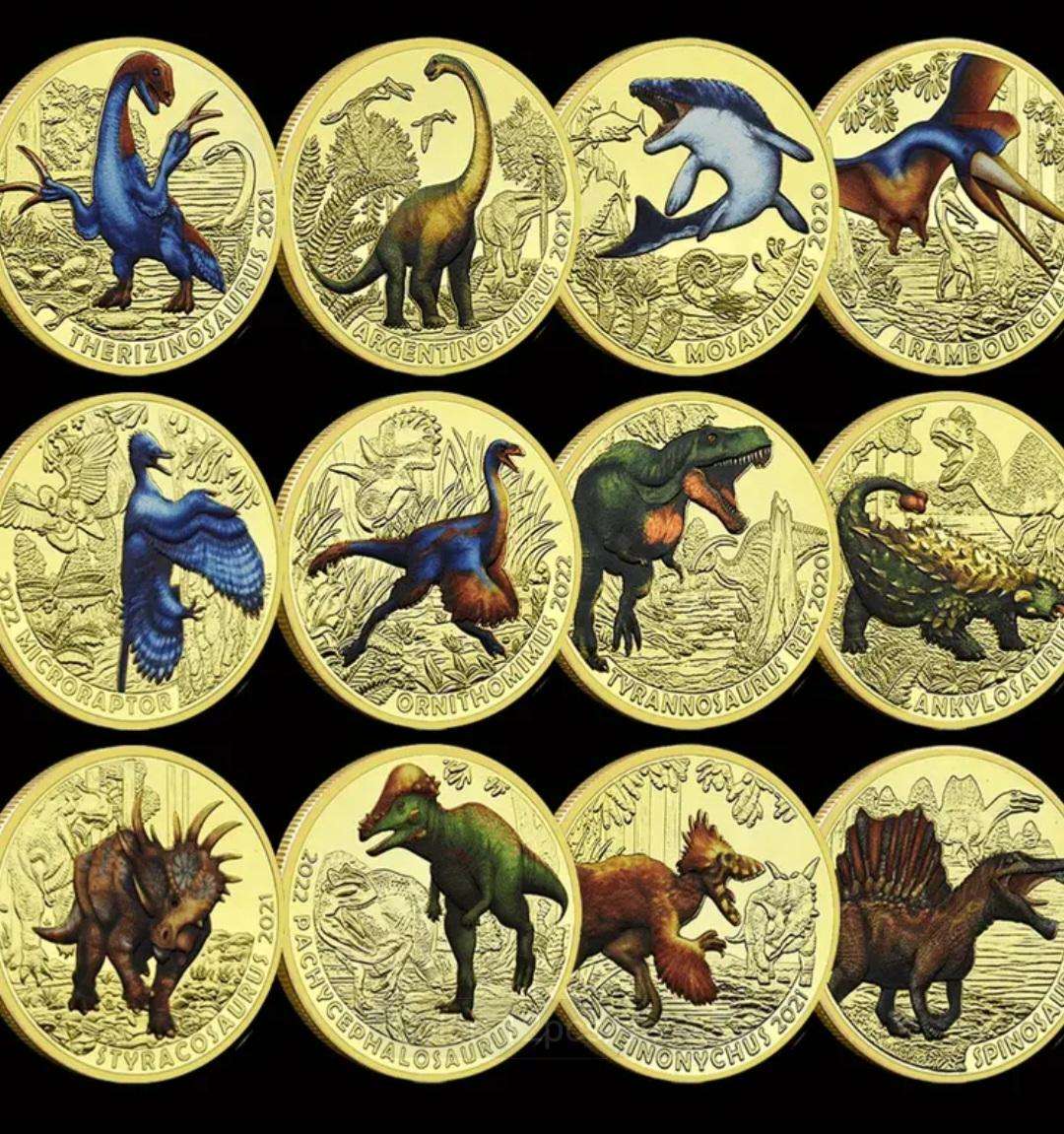 12 Jurassic Dinosaurs Age-Animals Gold Plated Commemorative Coin Set. 12 Unique Vintage Designs New