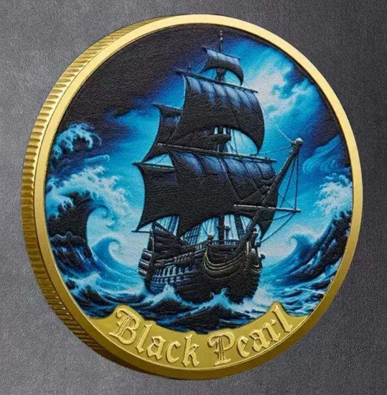 The " Black Pearl " Caribbean Pirate's Ship Commemorative Gold Plated Coin New in Capsule.