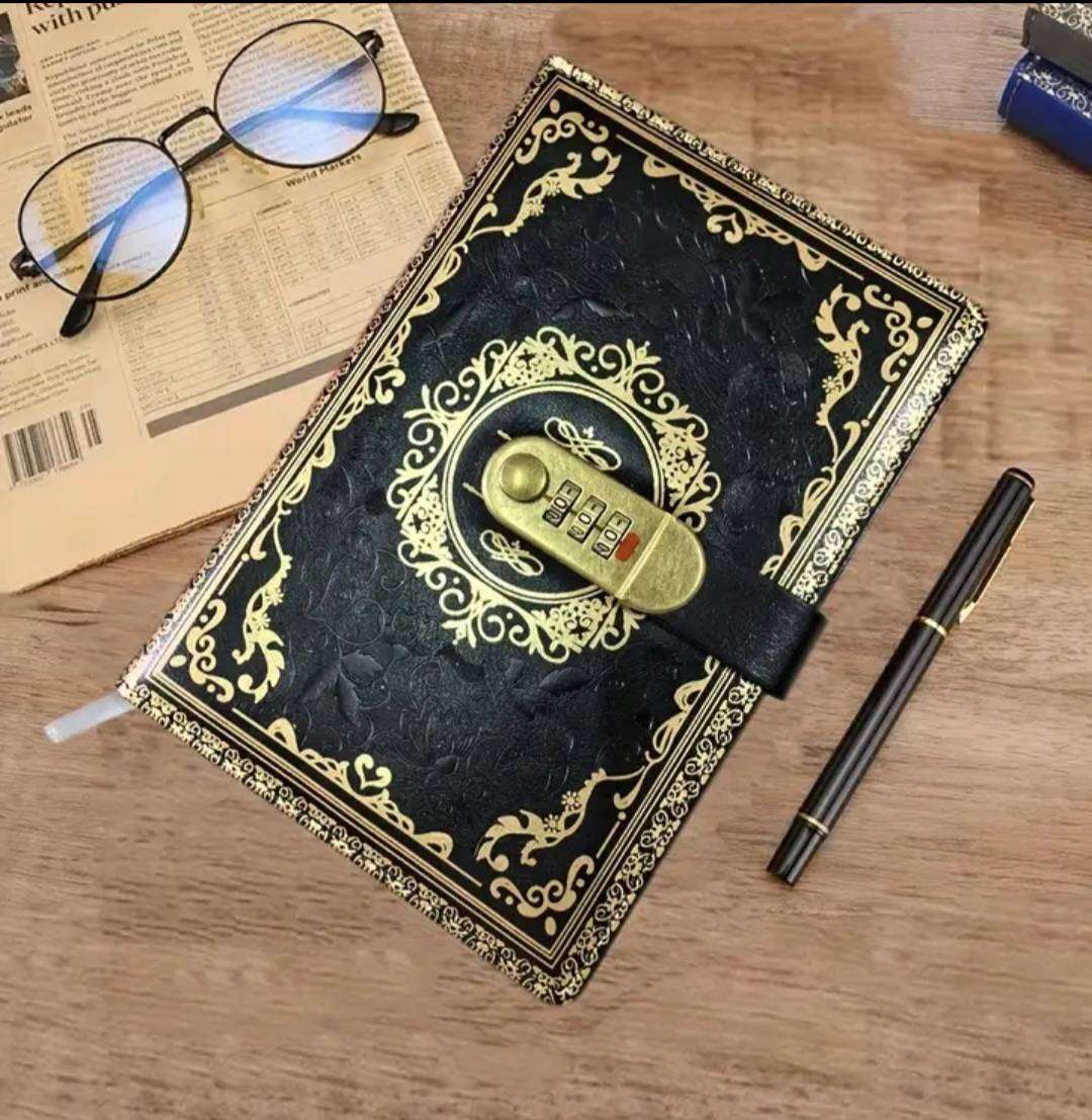 Vintage Inspired Password-Protected Notebook,Luxurious Black & Golden " Coded Lock " 100-Sheets A5