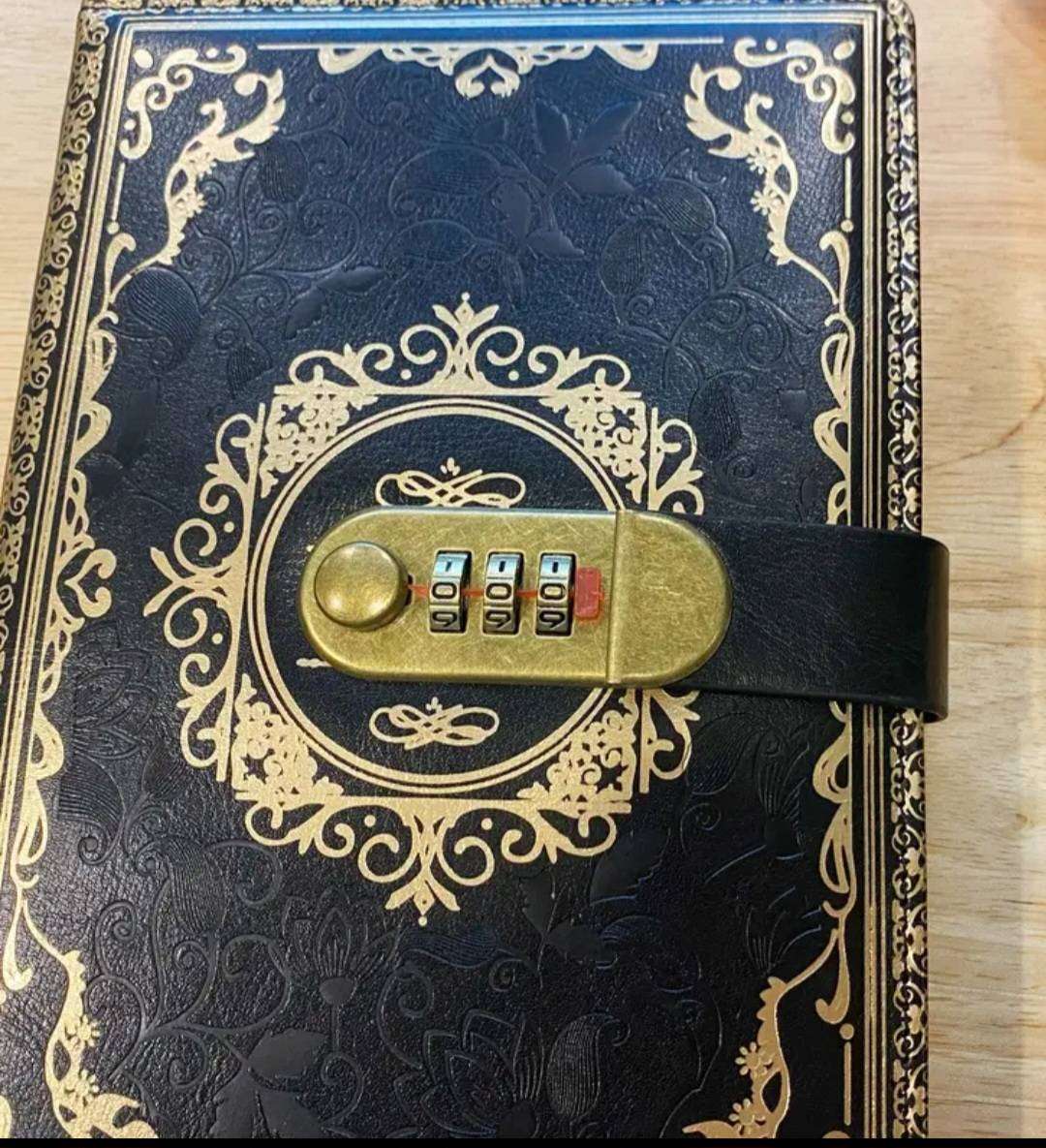 Vintage Inspired Password-Protected Notebook,Luxurious Black & Golden " Coded Lock " 100-Sheets A5