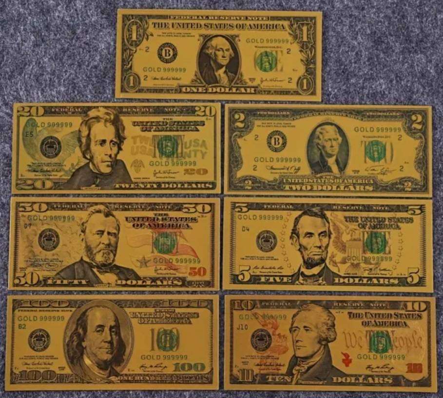 7pcs Golden Foil Highly Collectible Dollar Notes "one Dollar to 100 Dollars" Amazing-quality