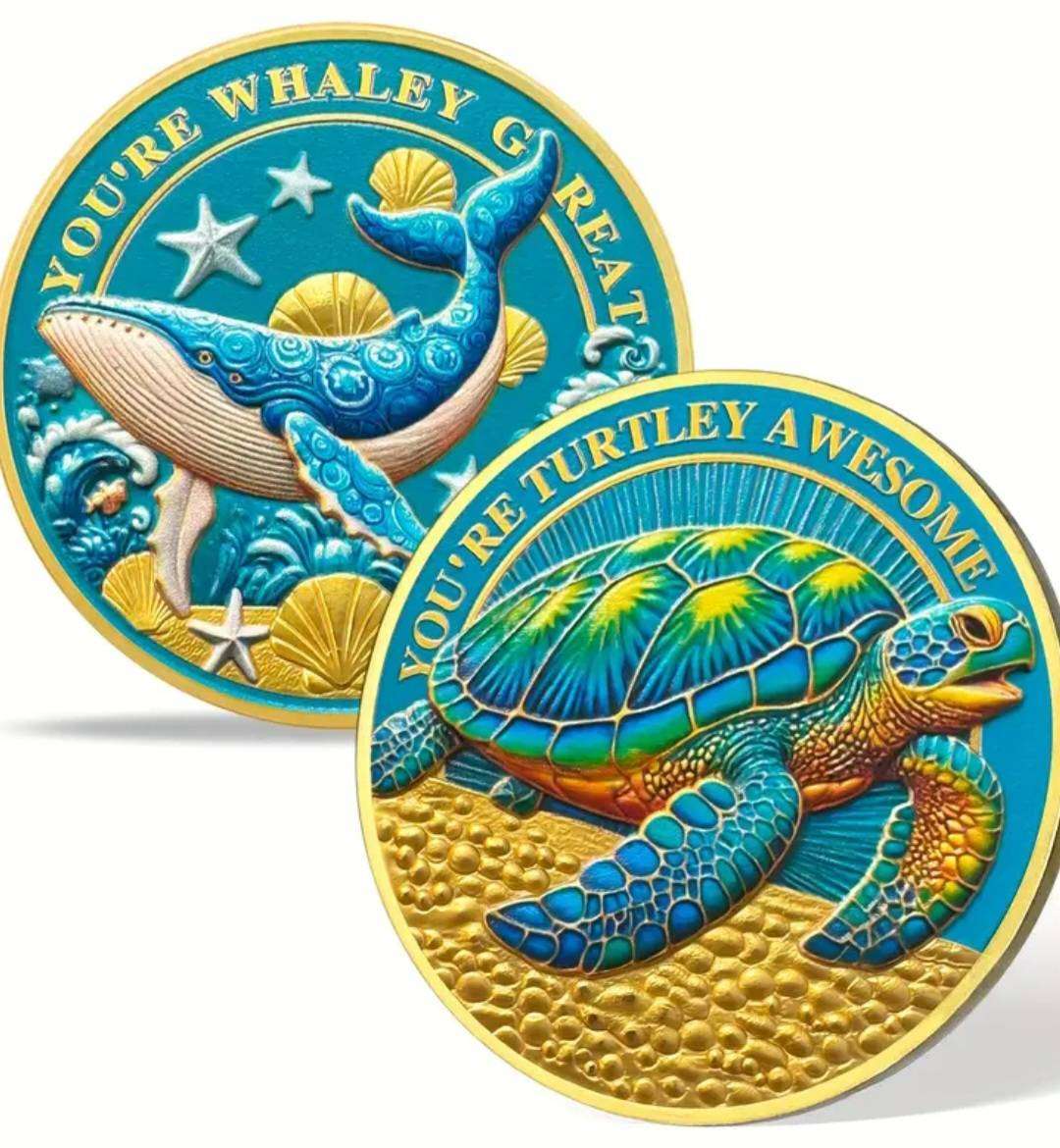 Sea Turtle & Blue While Commemorative Coin New in Capsule.