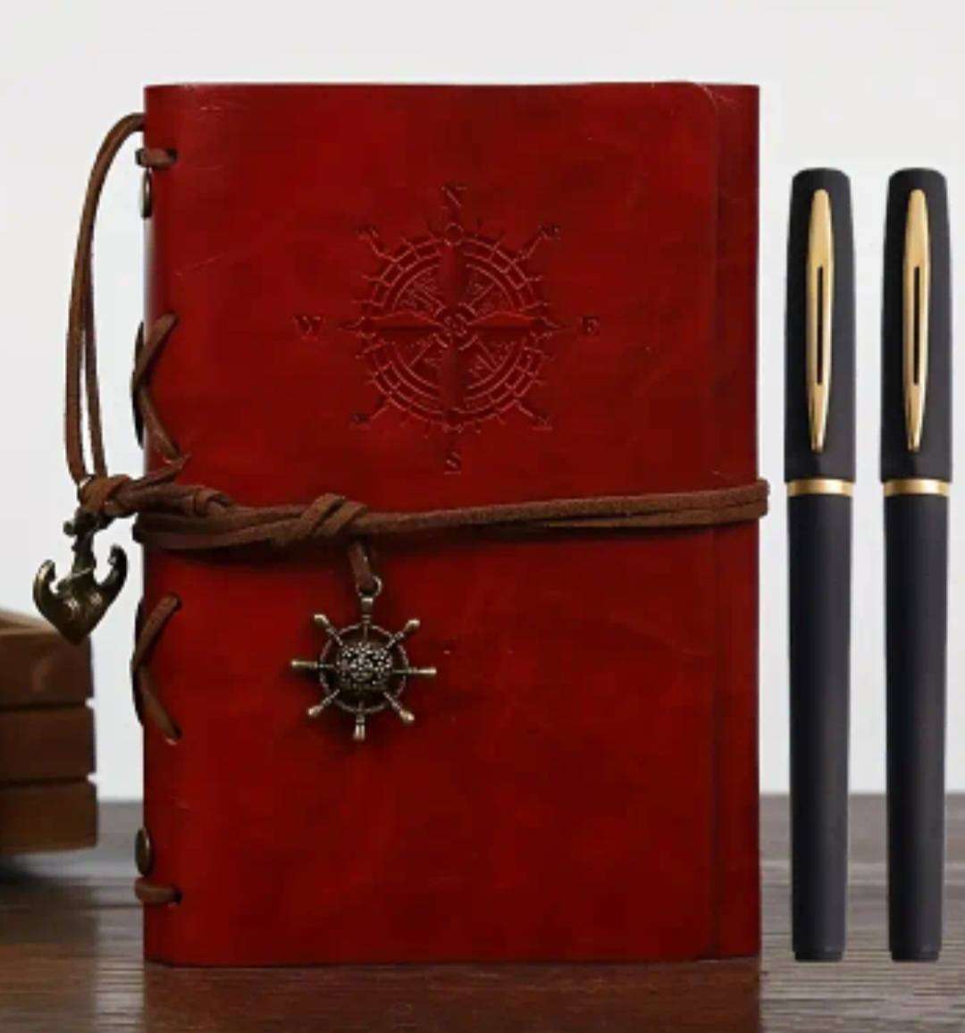Vintage Leather Pirate Notebook A7 with 2-Black & Golden Gel Pens." Red " New
