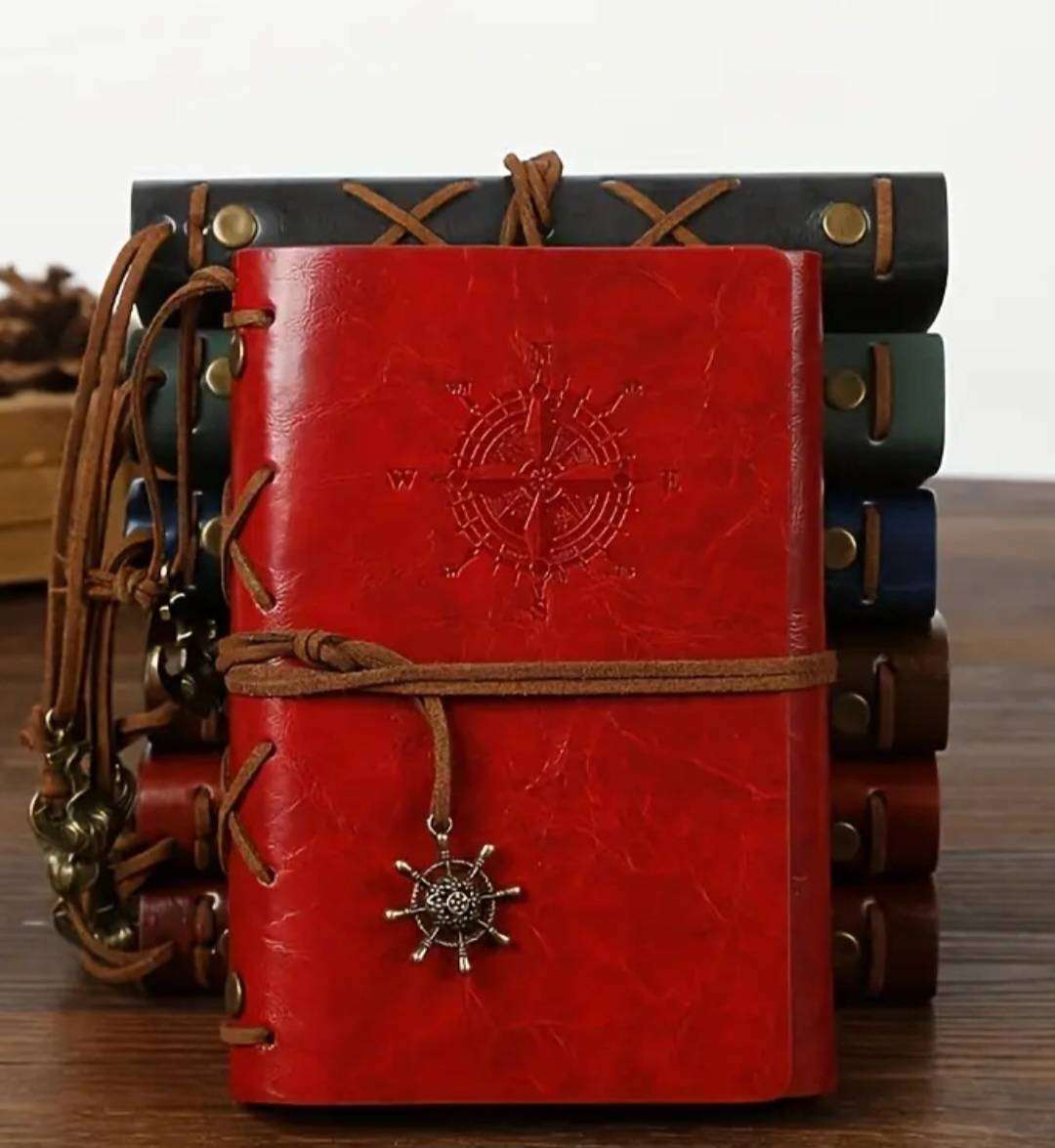 Vintage Leather Pirate Notebook A7 with 2-Black & Golden Gel Pens." Red " New