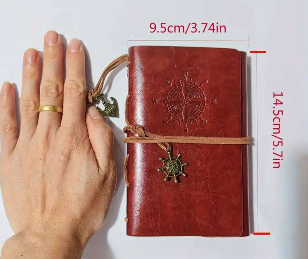 Vintage Leather Pirate Notebook A7 with 2-Black & Golden Gel Pens." Red " New