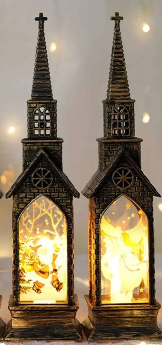 2 Flameless Led Candle Lights, Luminous Christmas Decorations, Gothic Churches with Staind Glass