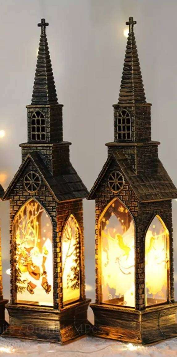 2 Flameless Led Candle Lights, Luminous Christmas Decorations, Gothic Churches with Staind Glass
