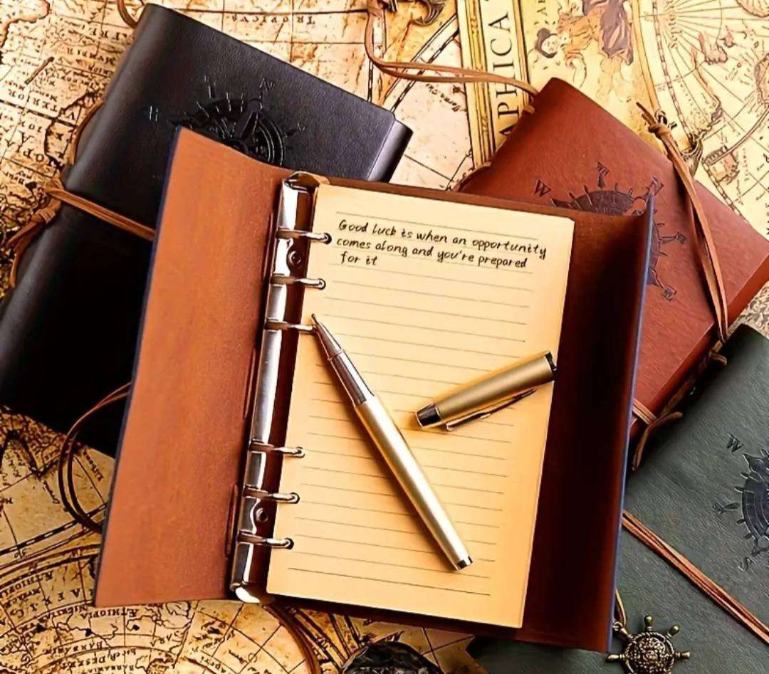 Vintage Leather Pirate Notebook A7 with 2-Black & Golden Gel Pens." Brown" New