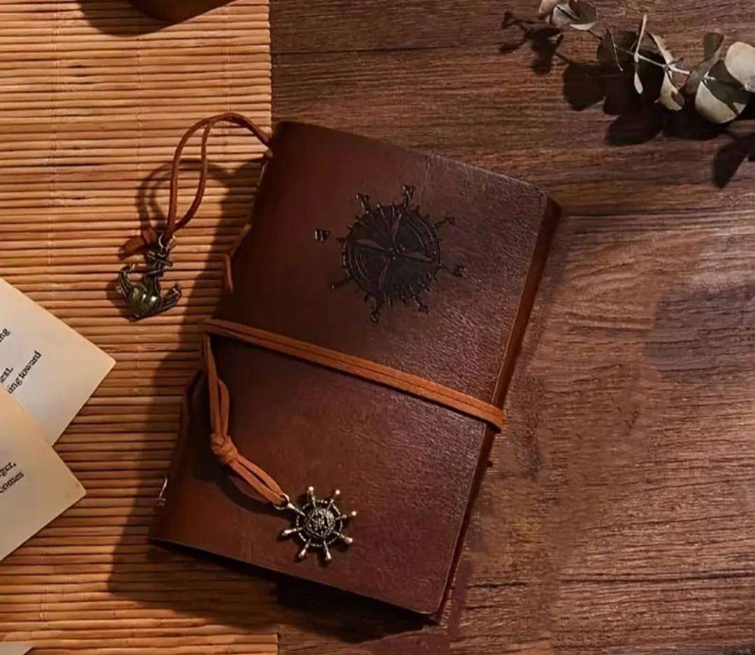 Vintage Leather Pirate Notebook A7 with 2-Black & Golden Gel Pens." Brown " New