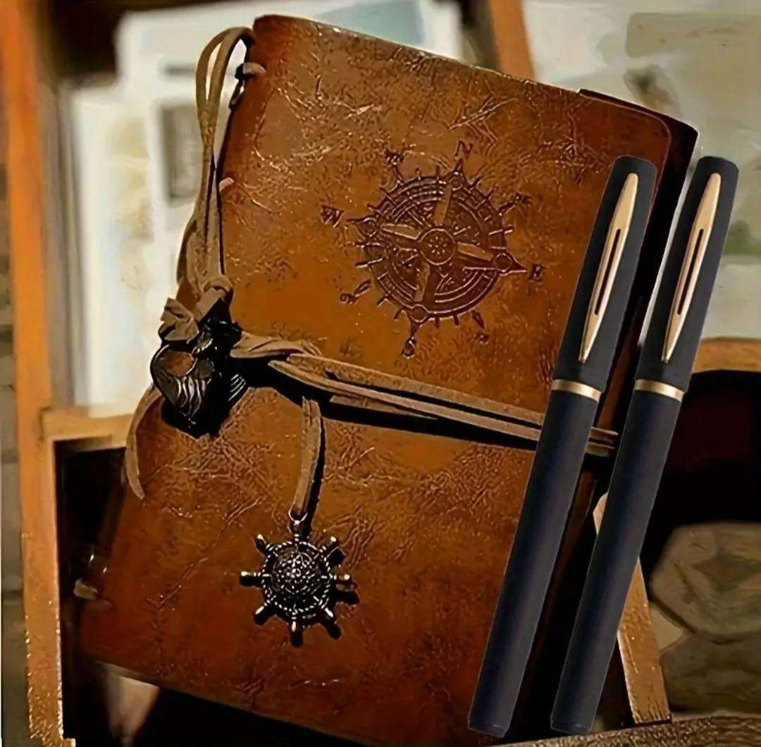 Vintage Leather Pirate Notebook A7 with 2-Black & Golden Gel Pens." Brown " New