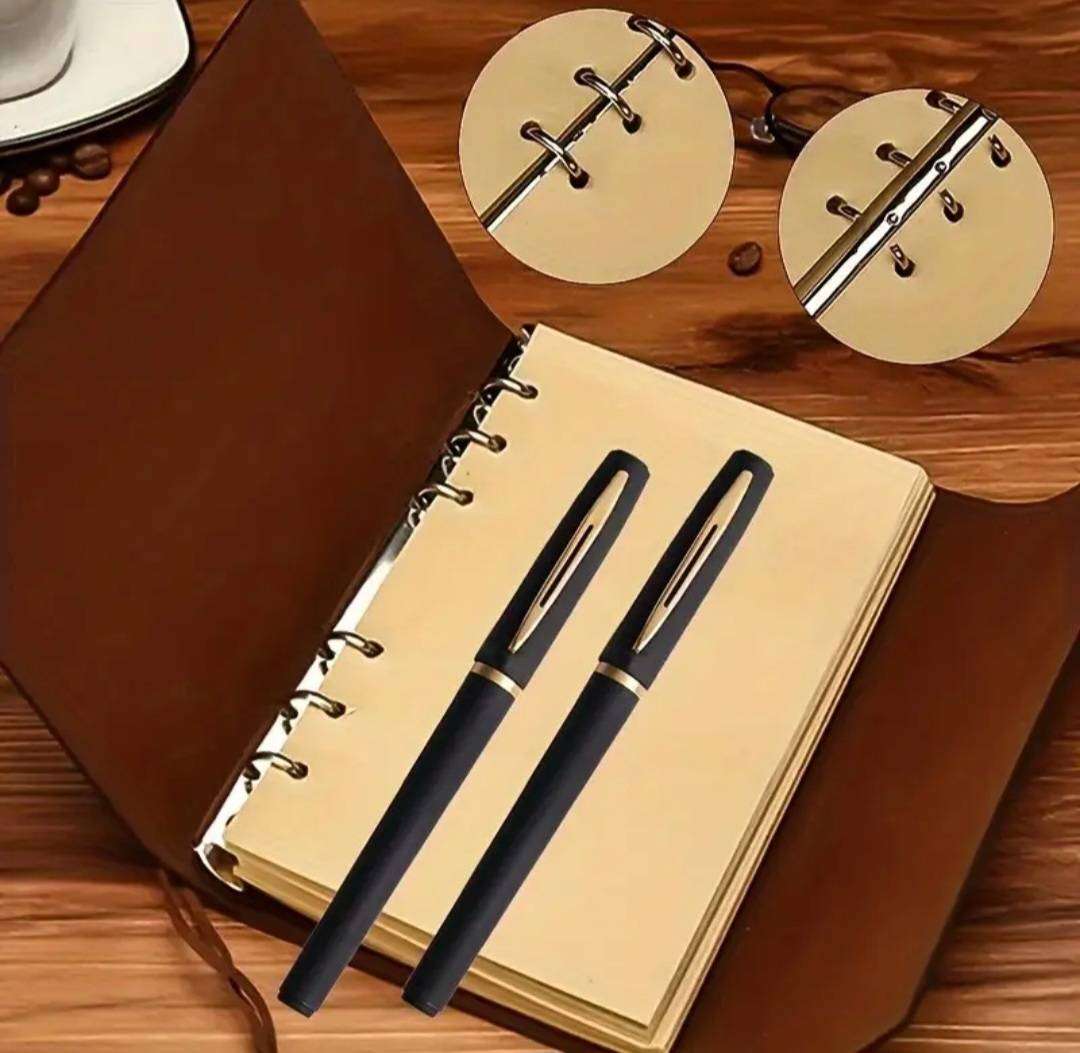 Vintage Leather Pirate Notebook A7 with 2-Black & Golden Gel Pens." Brown " New