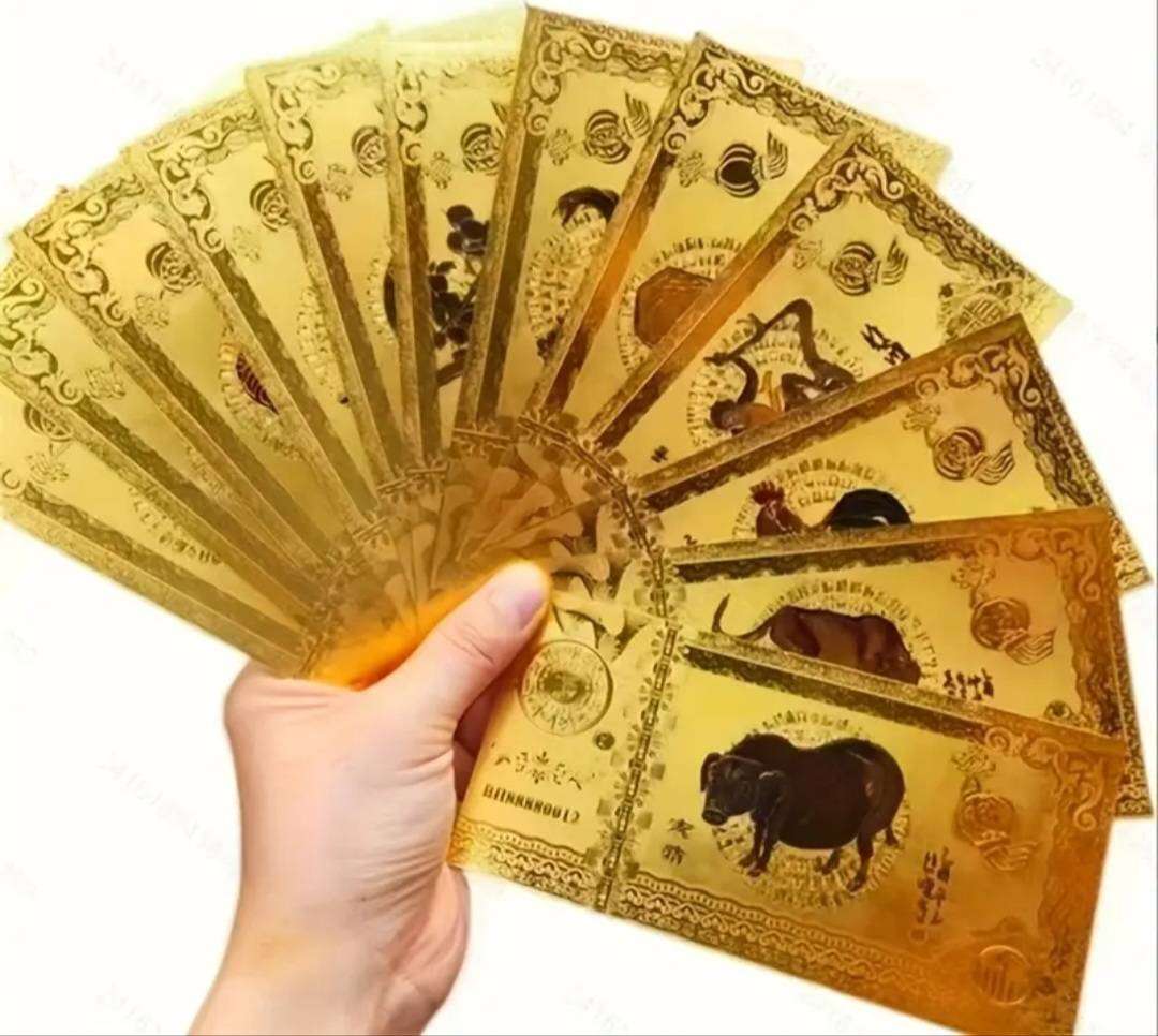 12pcs Golden Foil Commemorative Zodiac Animals Bills/Notes with Red Envelope New