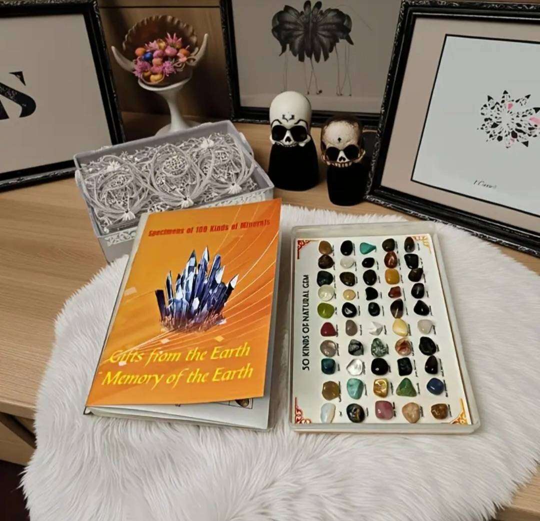 50 Minerals Specimens & 100 Page Rock Collection Featuring Crystals, Agate, Fluoride, Tiger's eye