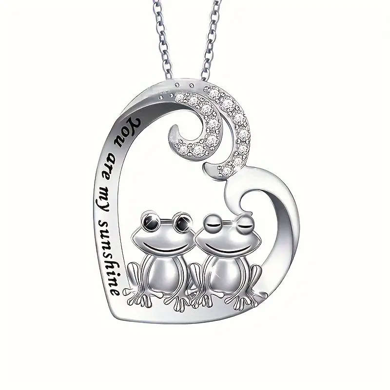 1pc Cute Creative Couple Frog Heart-shaped Pendant Necklace, Shiny Rhinestone Decor Pendant