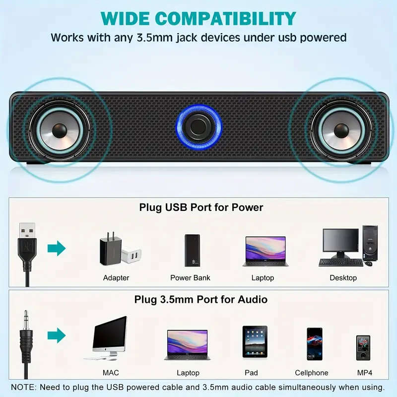 1pc XSound USB-Powered Desktop Speaker, 12.4" Slim Stereo Sound Bar with 3.5mm Jack and Volume Contr