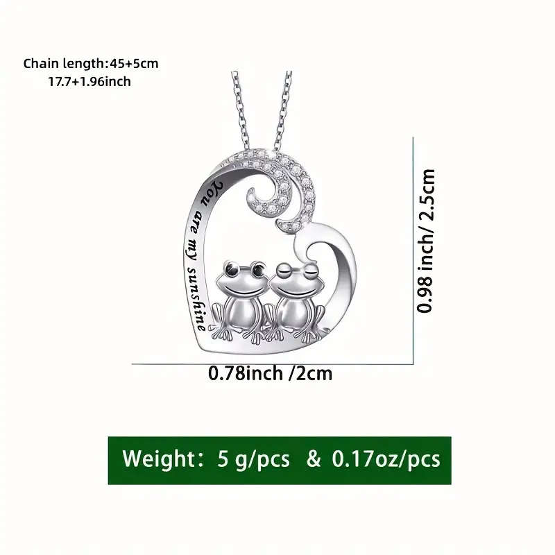 1pc Cute Creative Couple Frog Heart-shaped Pendant Necklace, Shiny Rhinestone Decor Pendant