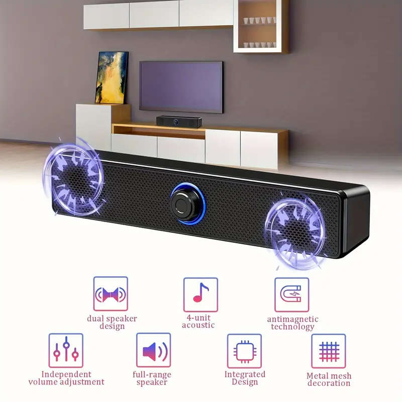 1pc XSound USB-Powered Desktop Speaker, 12.4" Slim Stereo Sound Bar with 3.5mm Jack and Volume Contr