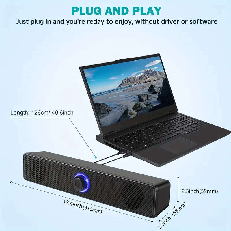1pc XSound USB-Powered Desktop Speaker, 12.4" Slim Stereo Sound Bar with 3.5mm Jack and Volume Contr