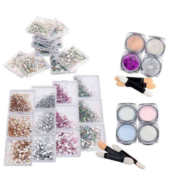 Nail Art Crystal Gems Packs of 24 & Two Shimmer Powder Sets Combo
