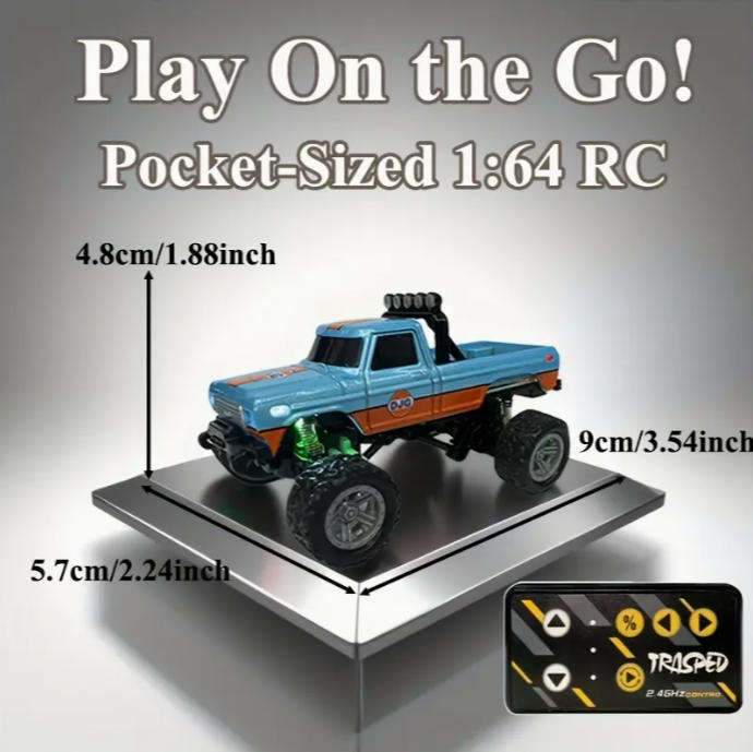 RC Mini Alloy Off-Road Truck | LED Lights 3-Speed | 2.4GHz USB Charging Pocket Size 1:64 Scale