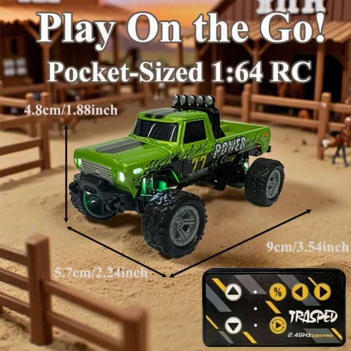 RC Mini Alloy Off-Road Truck | LED Lights 3-Speed | 2.4GHz USB Charging Pocket Size 1:64 Scale