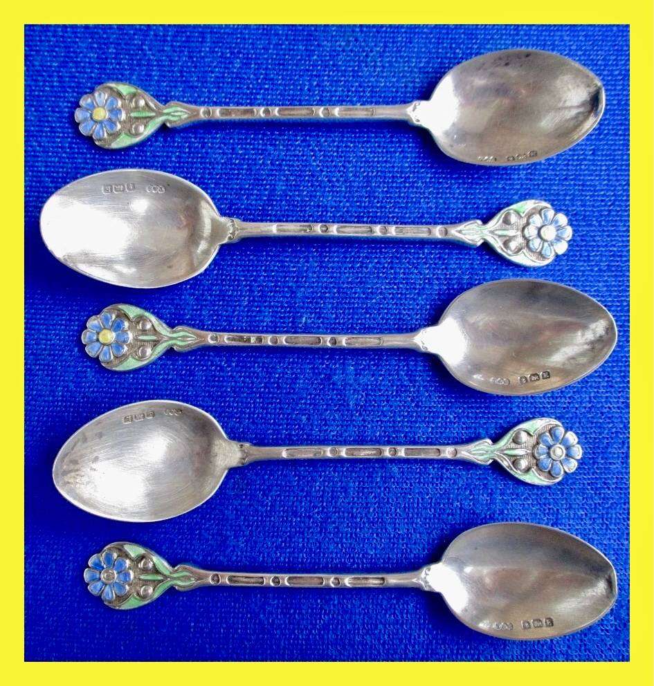 38 Grams Sterling Silver Floral Enamel Coffee Spoons Hallmarked