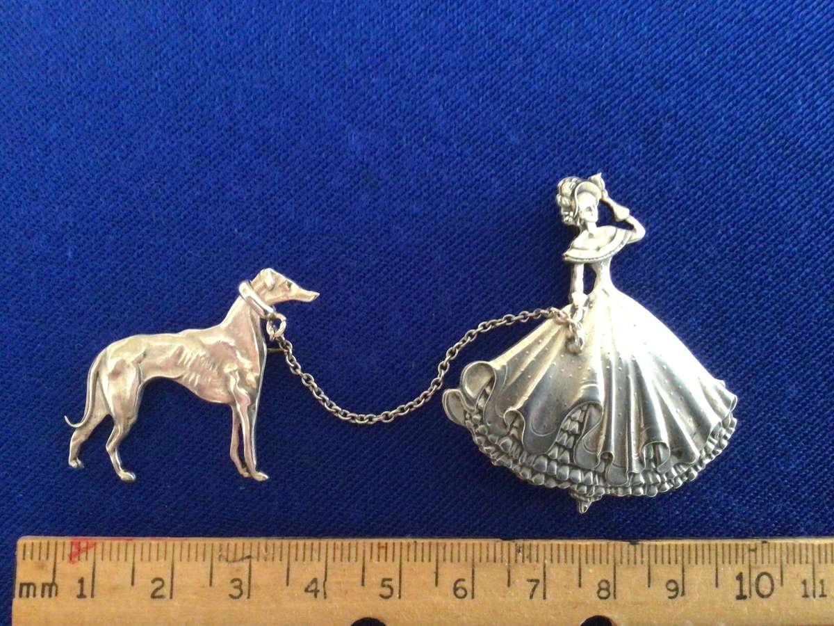 Rare Candida Sterling Silver Lady and Dog Double Brooch