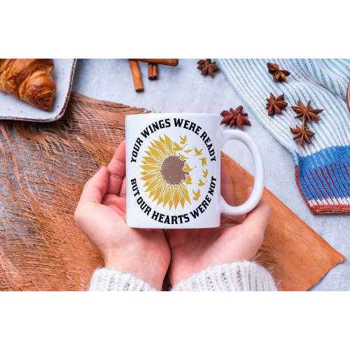 Printed White Ceramic Mug: Wings and Heart