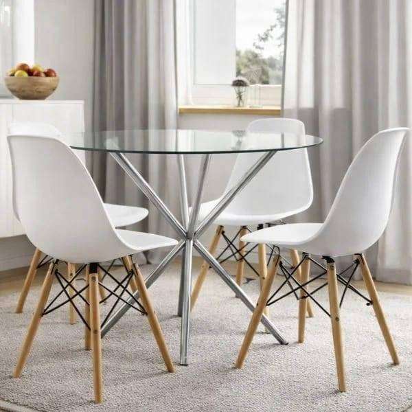 Eames Dining Set 4 Chairs with 80cm Glass Table: White