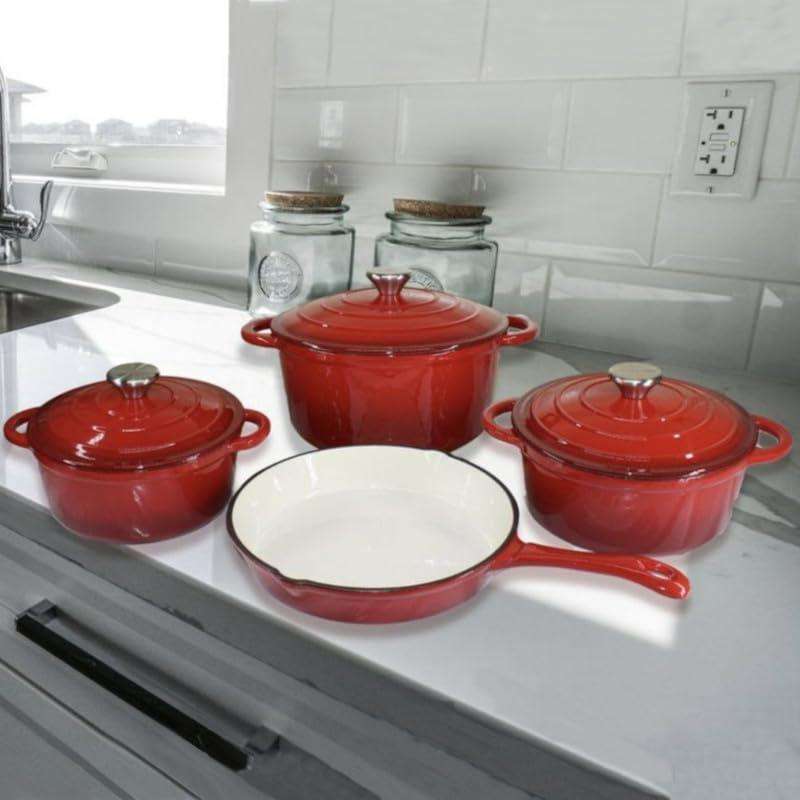 7-Piece Cast Iron Pot Set: Red