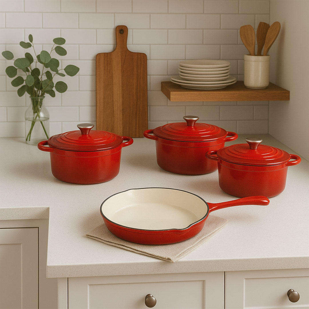 7-Piece Cast Iron Pot Set: Red