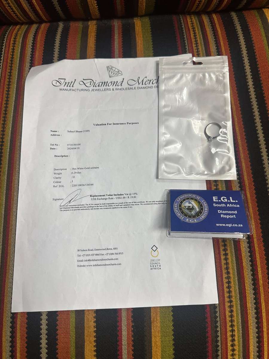 18CT White Gold 0.2910 CT Diamond Solitaire Ring - Evaluation R25 500