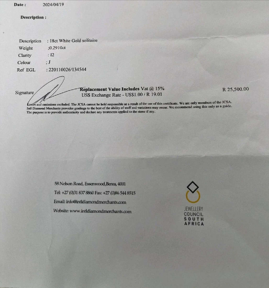 18CT White Gold 0.2910 CT Diamond Solitaire Ring - Evaluation R25 500