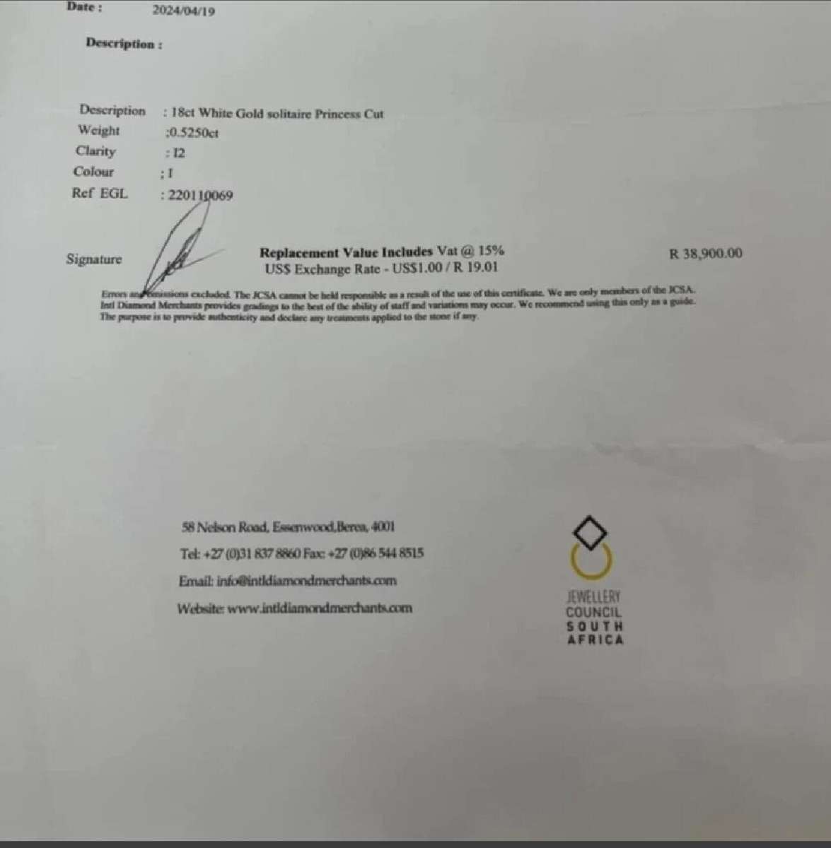 18CT White Gold 0.5250 CT Diamond Solitaire Princess Cut Ring(US6.5/UK M) - Evaluation R38900