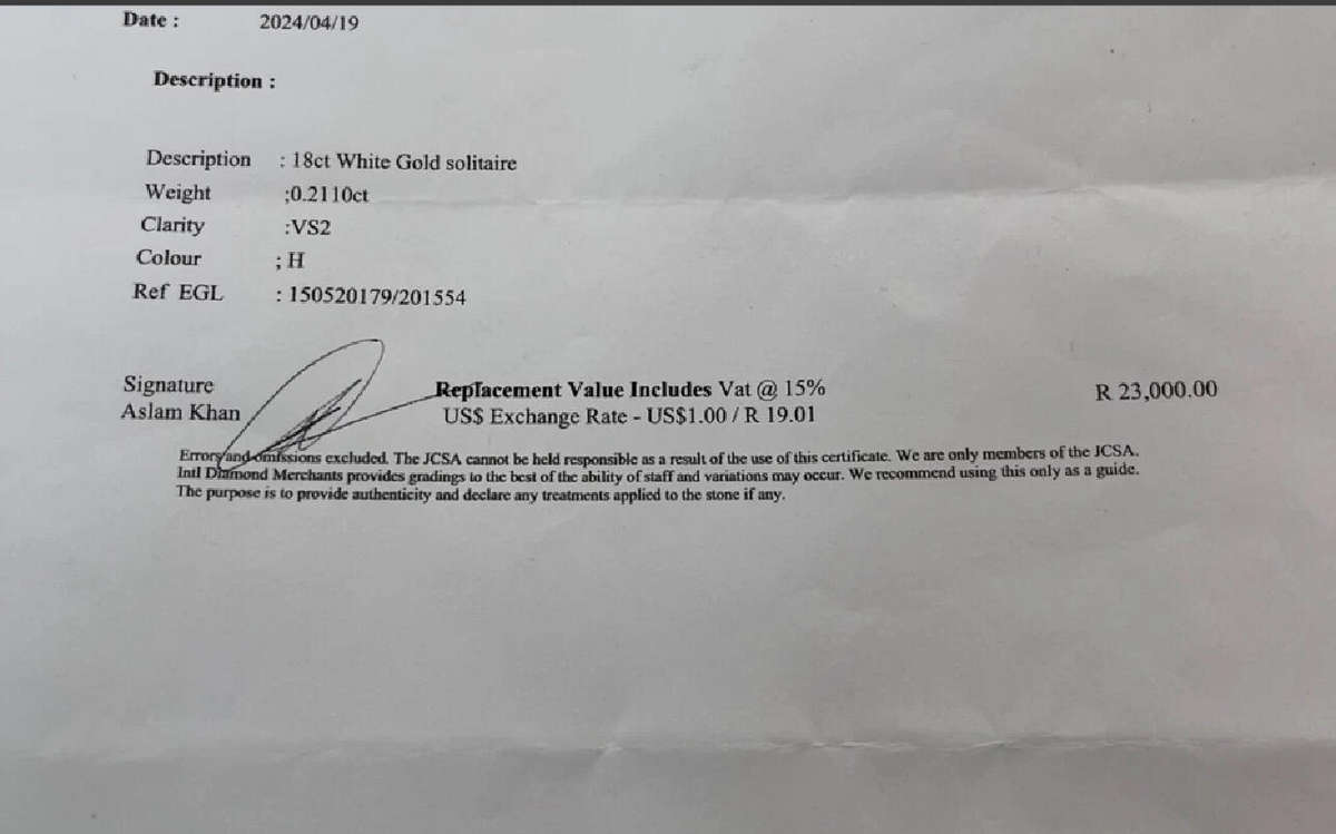 18CT White Gold 0.2110 CT Diamond Solitaire Cut Ring(US6/UKL) - Evaluation  R 23 000