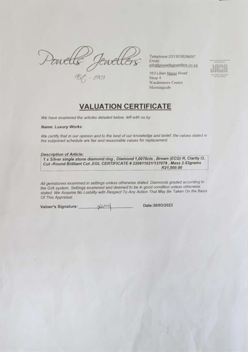 Silver Single Stone 1.0070cts Brown Diamond Ring - Evaluation R21 500