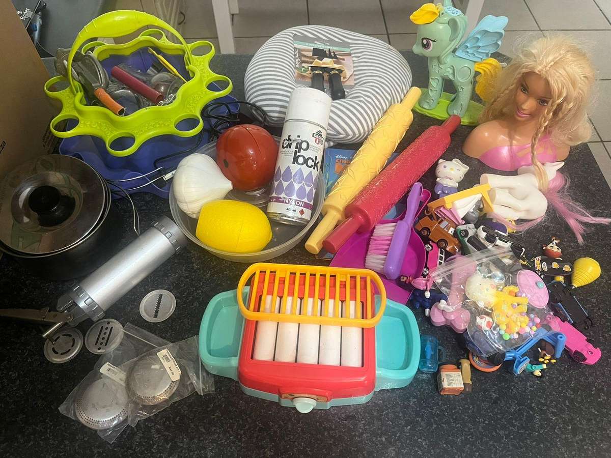 Mixed Lot  Toys, Play-Doh Set, Barbie Hair Model, Camping Gear & More