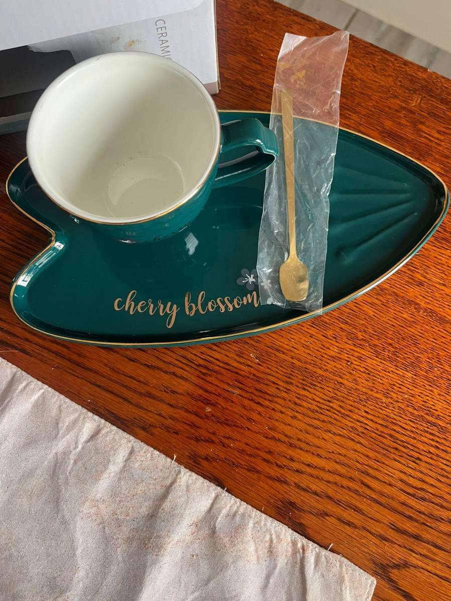 Modern Ceramic Cup & Saucer Set with Gold Teaspoon  Never Used