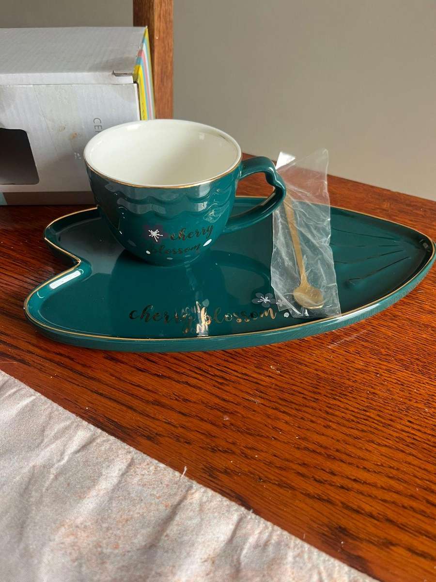 Modern Ceramic Cup & Saucer Set with Gold Teaspoon  Never Used