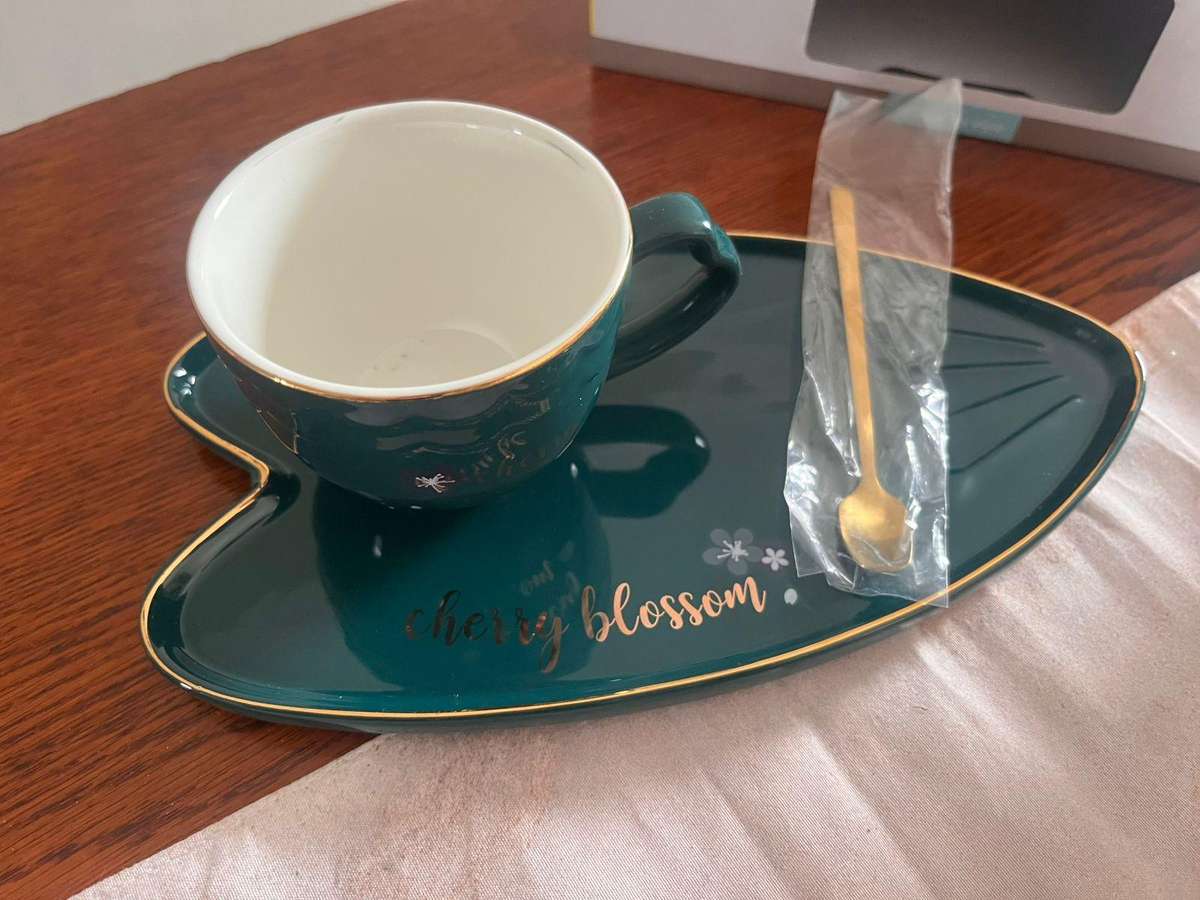 Modern Ceramic Cup & Saucer Set with Gold Teaspoon  Never Used