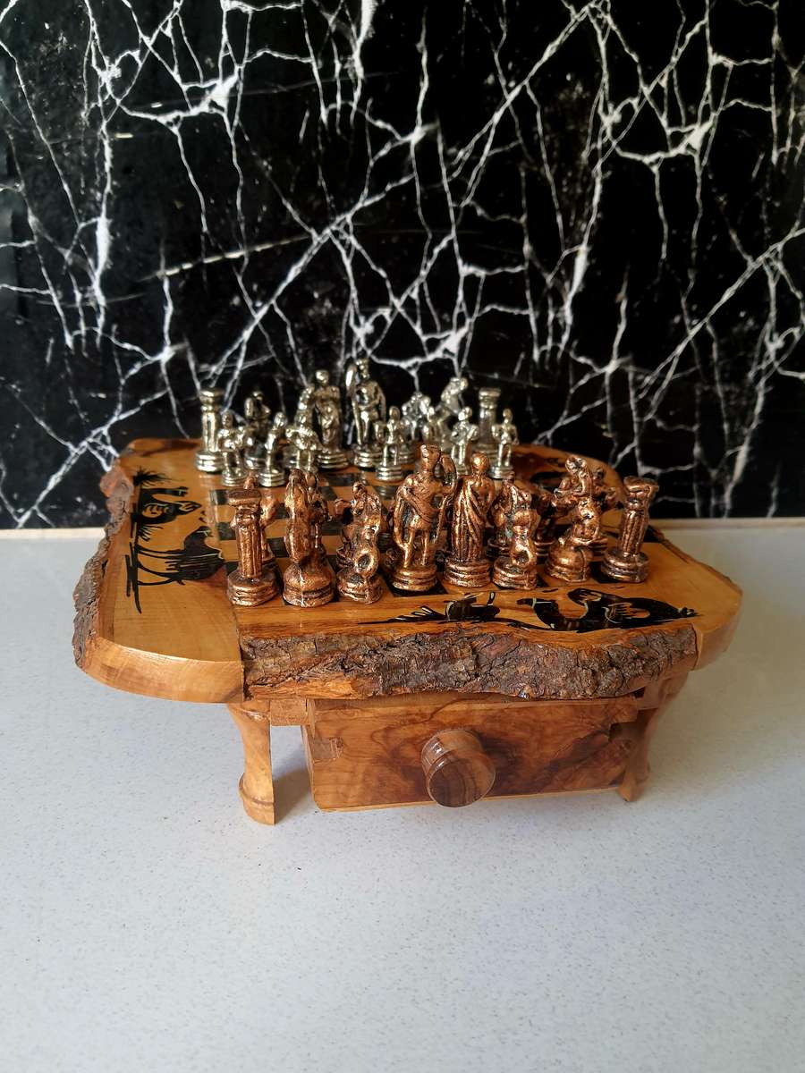 STUNNING HANDMADE COPPER AND LEAD - WOOD CHESS SET.