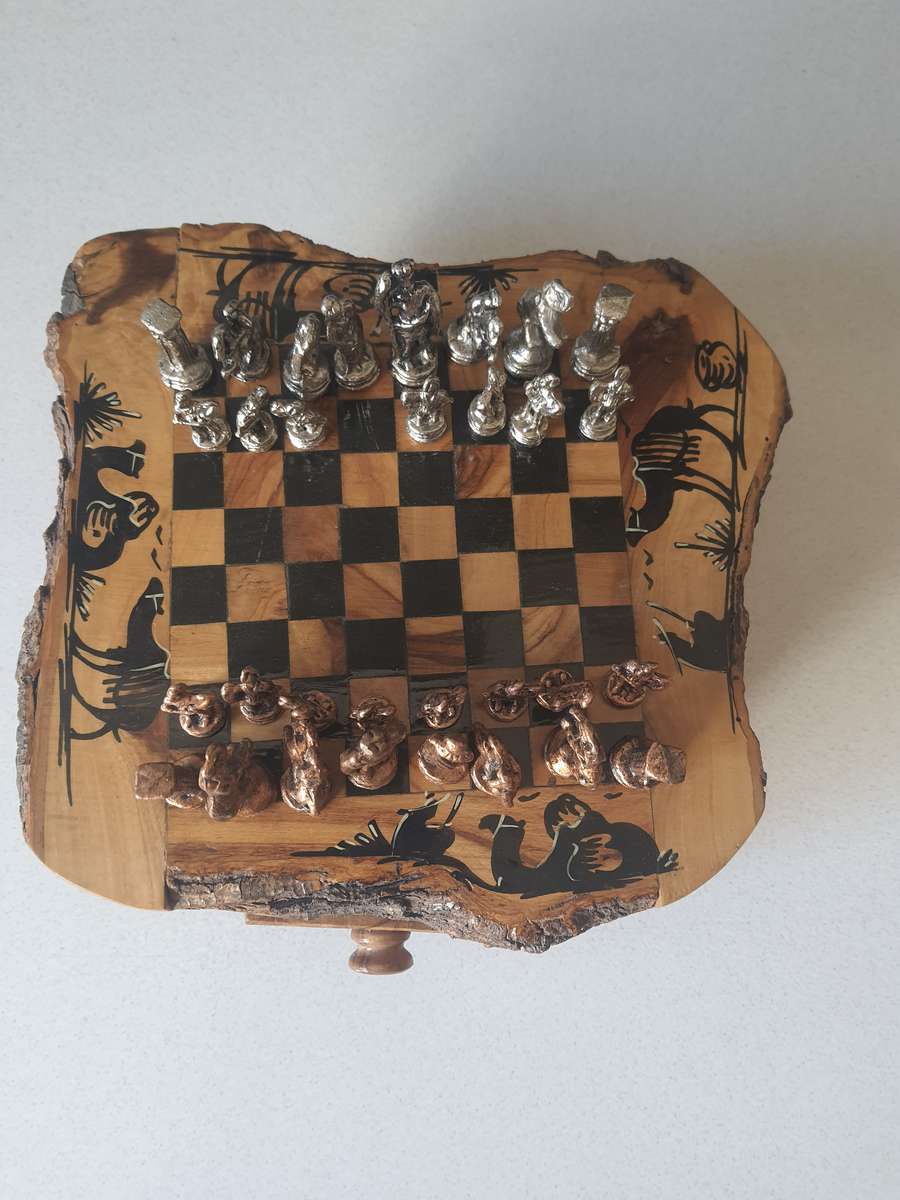 STUNNING HANDMADE COPPER AND LEAD - WOOD CHESS SET.