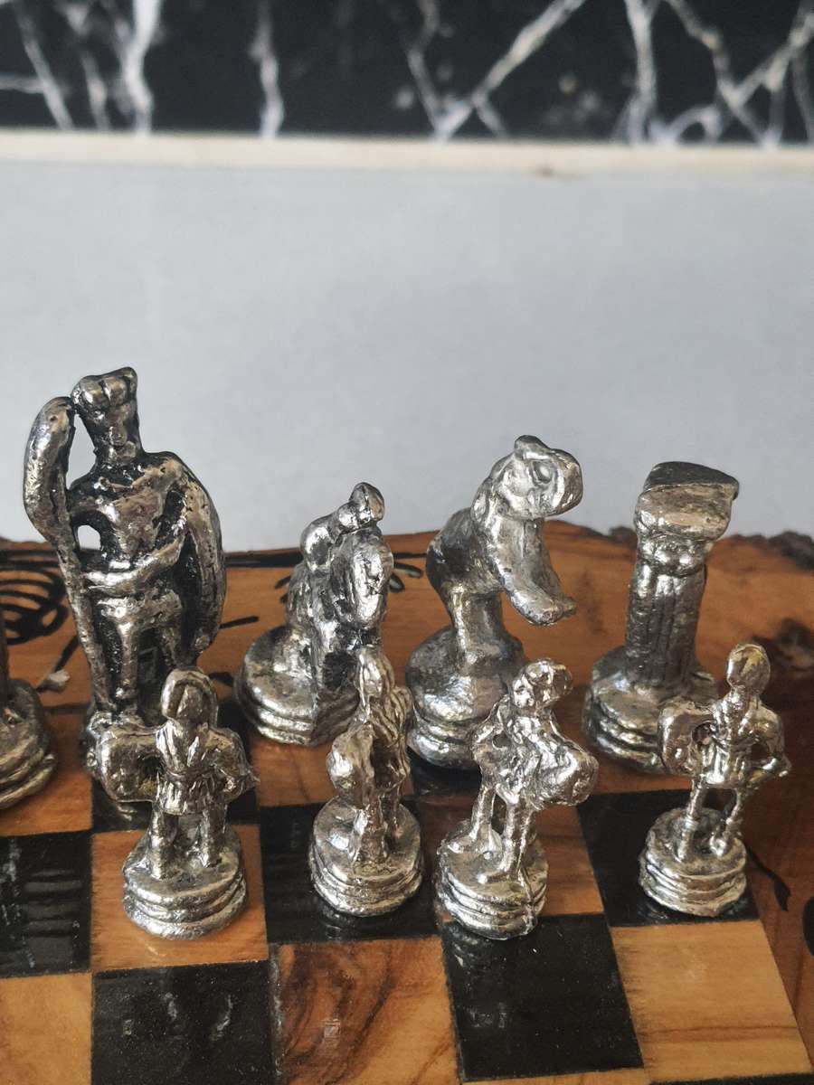 STUNNING HANDMADE COPPER AND LEAD - WOOD CHESS SET.
