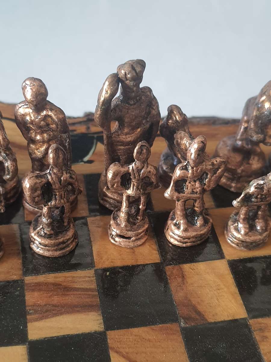 STUNNING HANDMADE COPPER AND LEAD - WOOD CHESS SET.